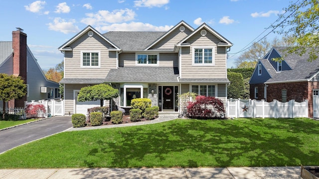 33 Donald St, East Williston, NY 11596 - craftsman inspired home featuring a garage, aphalt driveway, fence, a front yard, and a shingled roof