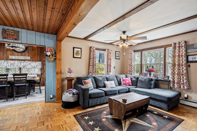 living area featuring baseboard heating, a ceiling fan, beam ceiling, and wooden walls