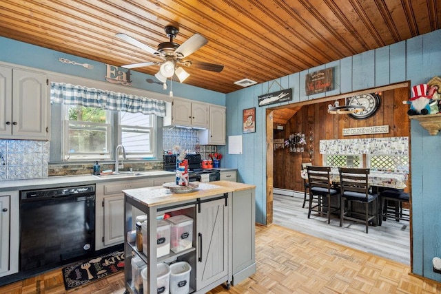 kitchen featuring a ceiling fan, wooden ceiling, a sink, and black appliances