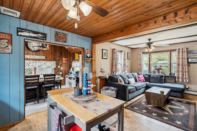 living room with wood walls, visible vents, a ceiling fan, wooden ceiling, and baseboard heating