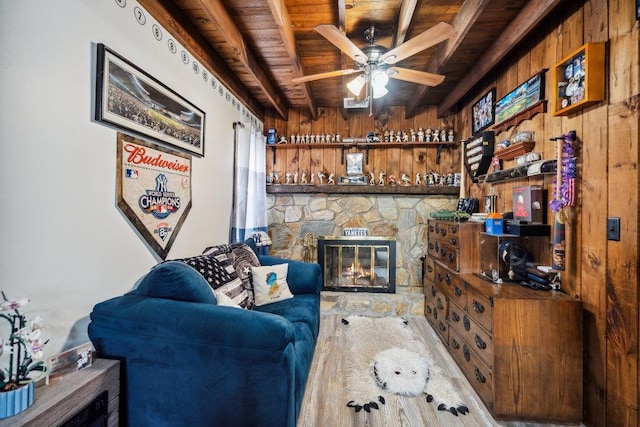 living area featuring wood ceiling, ceiling fan, beam ceiling, and wooden walls