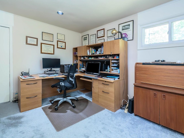 office area with light colored carpet and ornamental molding