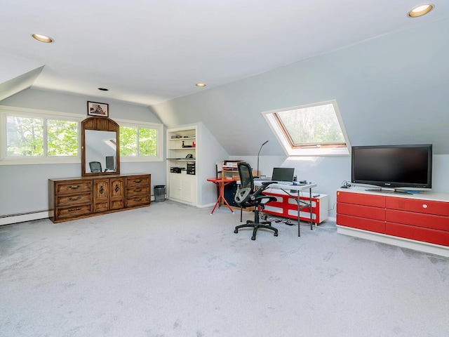 carpeted home office with built in features, lofted ceiling with skylight, baseboard heating, and recessed lighting