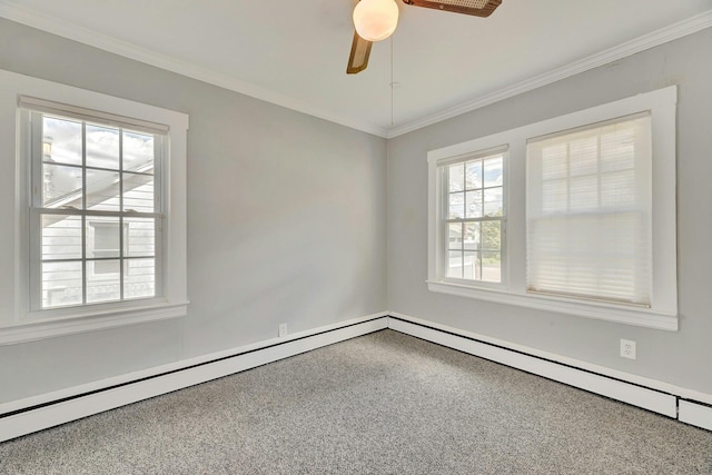 unfurnished room featuring baseboard heating, a ceiling fan, carpet floors, and crown molding