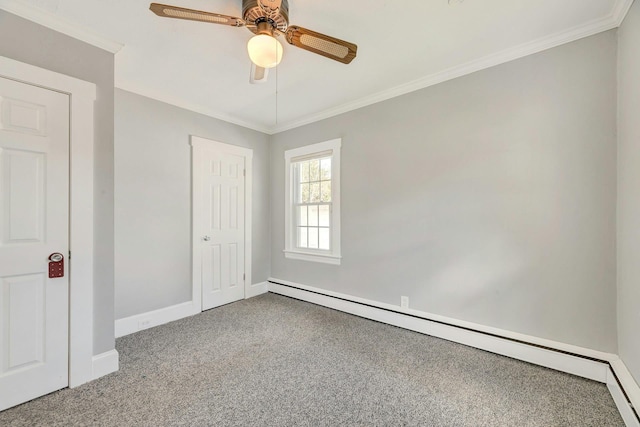 unfurnished bedroom with carpet flooring, a ceiling fan, baseboards, ornamental molding, and a baseboard radiator
