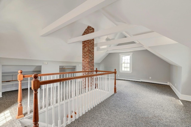 additional living space with lofted ceiling with beams, ceiling fan, carpet, baseboards, and a baseboard radiator