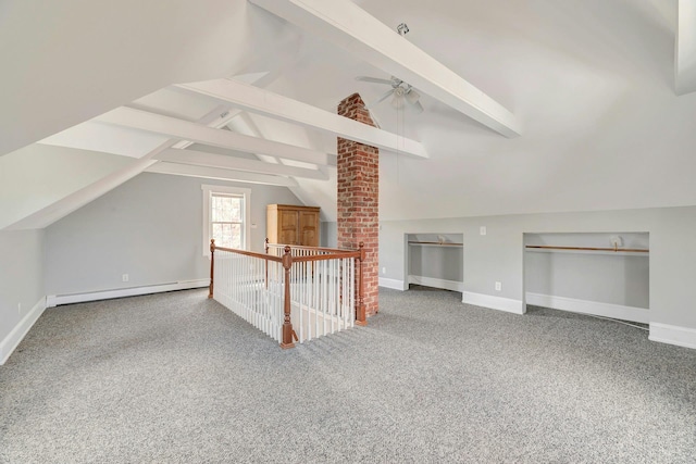 bonus room featuring carpet, lofted ceiling with beams, baseboard heating, and baseboards