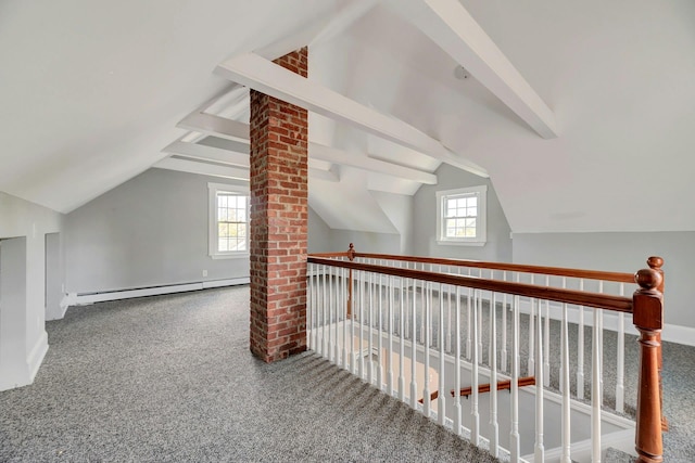 bonus room with a baseboard radiator, baseboards, vaulted ceiling with beams, and carpet floors
