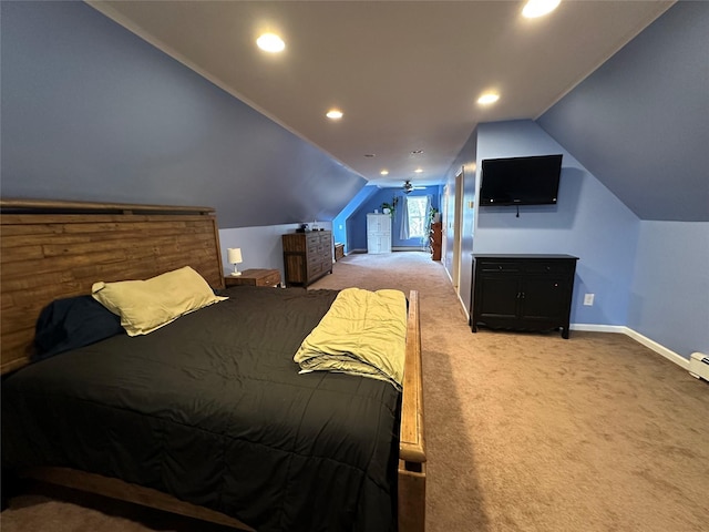 487 Southwoods Dr, Monticello, NY 12701 - bedroom with light carpet, vaulted ceiling, baseboards, and recessed lighting
