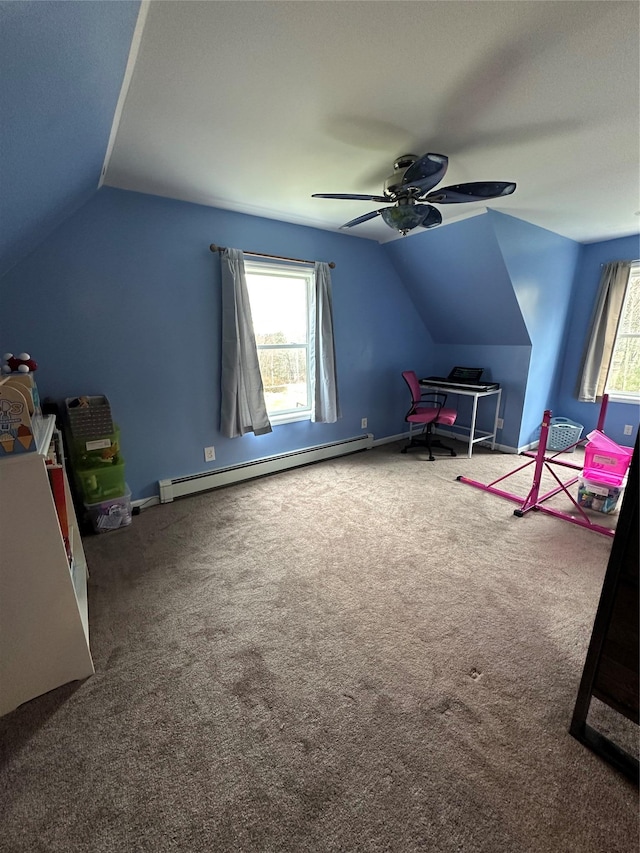 487 Southwoods Dr, Monticello, NY 12701 - rec room with a baseboard radiator, vaulted ceiling, carpet flooring, and ceiling fan