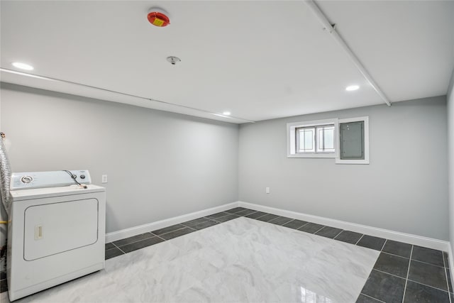 washroom with washer / clothes dryer, recessed lighting, baseboards, and electric panel