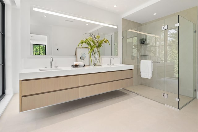 41 Richmondville Ave Unit Duplex 2, Call Listing Agent, CT 06880 - full bathroom featuring double vanity, a stall shower, recessed lighting, and tile patterned floors