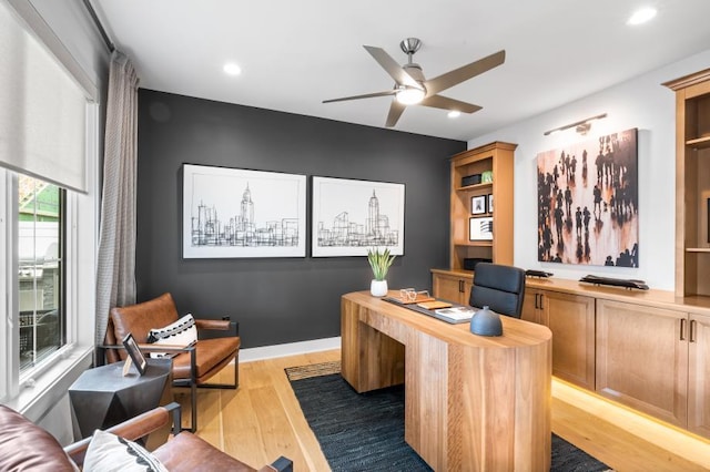 office area with recessed lighting, ceiling fan, and light wood-style flooring