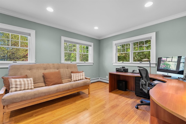 office with light wood-type flooring, ornamental molding, a baseboard heating unit, and recessed lighting