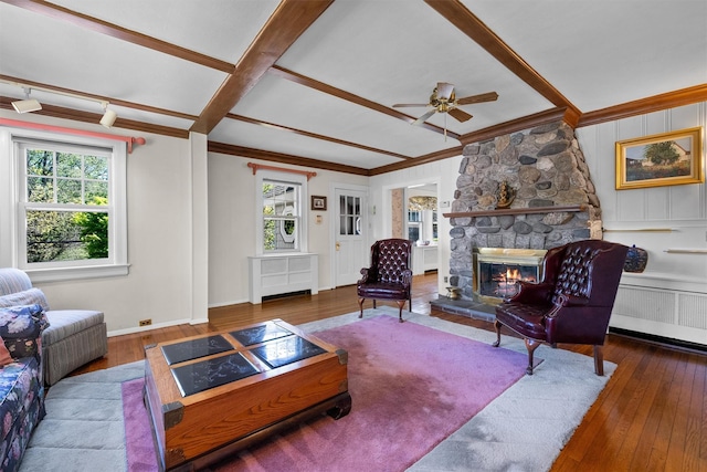 living room featuring wood-type flooring, radiator, crown molding, and a stone fireplace