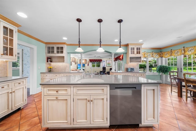 kitchen featuring crown molding, decorative backsplash, open shelves, and dishwasher
