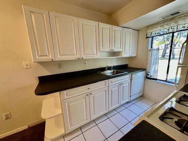 3 Kiowa Ct Unit 3K, Coram, NY 11727 - kitchen with a sink, dark countertops, visible vents, white cabinetry, and white appliances