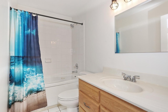 bathroom with toilet, shower / bathtub combination with curtain, vanity, and tile patterned flooring