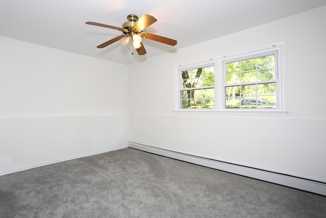 unfurnished room with a baseboard radiator, carpet flooring, and a ceiling fan