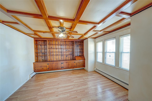unfurnished room with a baseboard heating unit, built in shelves, coffered ceiling, a ceiling fan, and wood finished floors