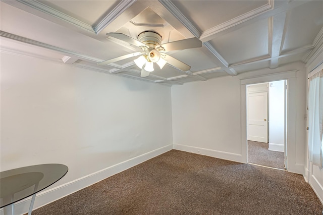 empty room with coffered ceiling, dark colored carpet, a ceiling fan, beam ceiling, and baseboards