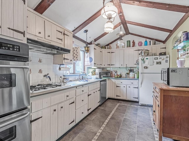 123-19 7th Ave, College Point, NY 11356 - kitchen with under cabinet range hood, a sink, backsplash, stainless steel appliances, and vaulted ceiling with beams