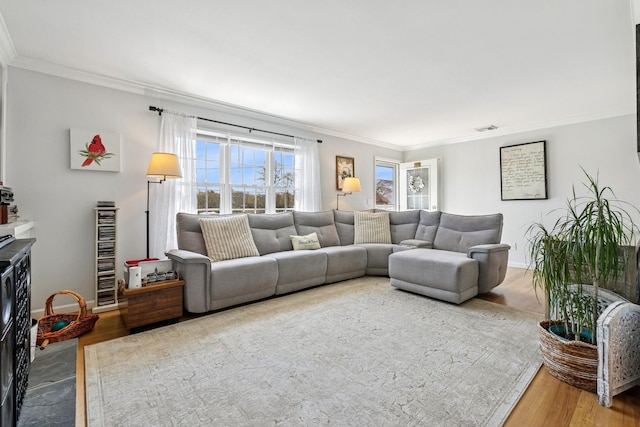living area with ornamental molding, wine cooler, visible vents, and wood finished floors