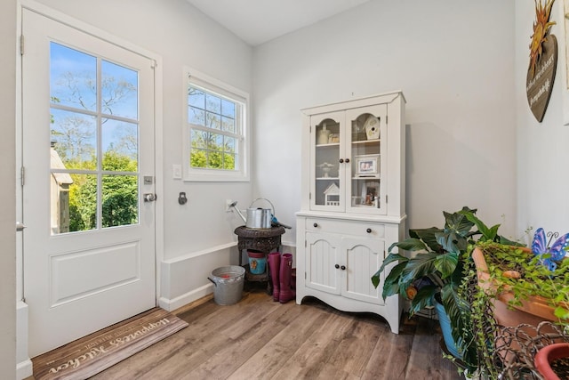 doorway to outside featuring baseboards and light wood-type flooring