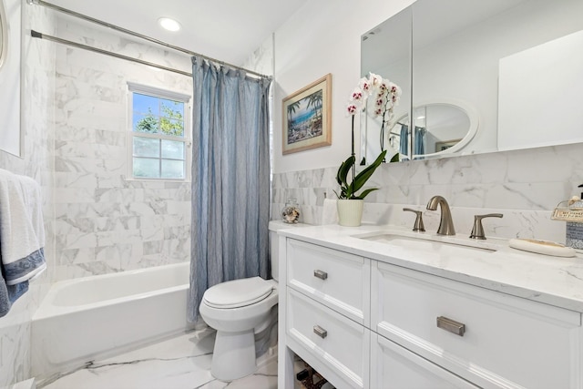 full bathroom with shower / bath combo, toilet, tile walls, vanity, and marble finish floor