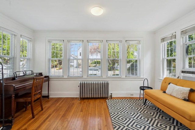 sunroom featuring plenty of natural light and radiator heating unit