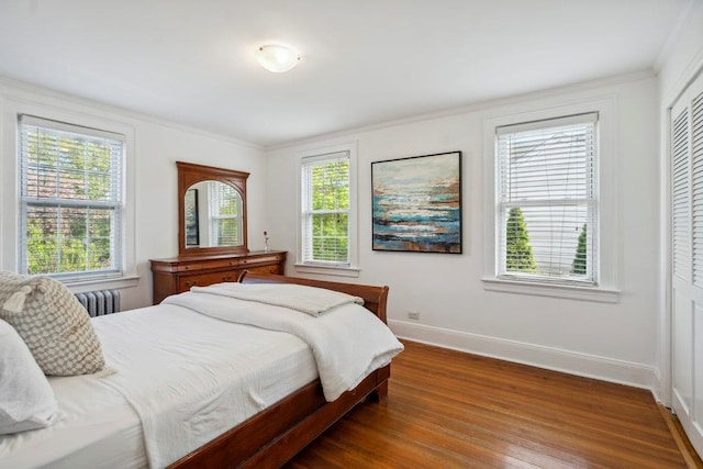 bedroom with crown molding, multiple windows, wood finished floors, and radiator