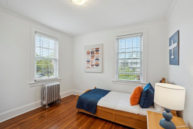 bedroom featuring radiator heating unit, multiple windows, and wood finished floors
