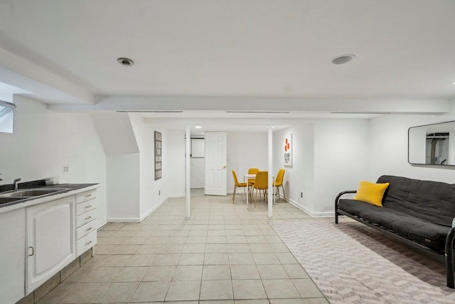 living room featuring light tile patterned flooring and recessed lighting