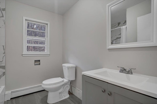 bathroom with a shower with curtain, baseboard heating, toilet, vanity, and baseboards