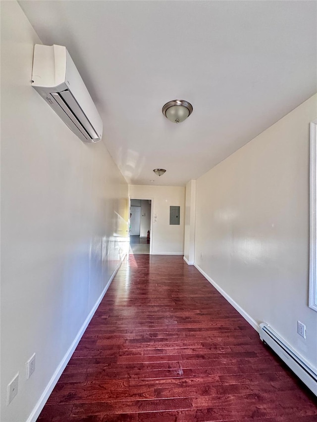 hall featuring electric panel, baseboards, baseboard heating, wood finished floors, and a wall mounted AC