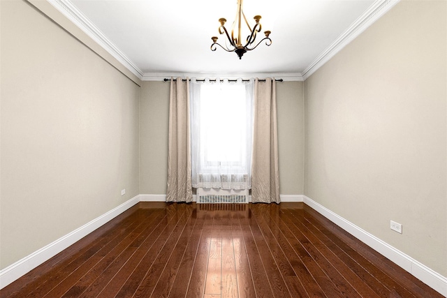 empty room featuring a chandelier, baseboards, and dark wood-type flooring