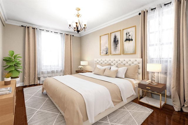 bedroom with a chandelier, wood finished floors, and ornamental molding