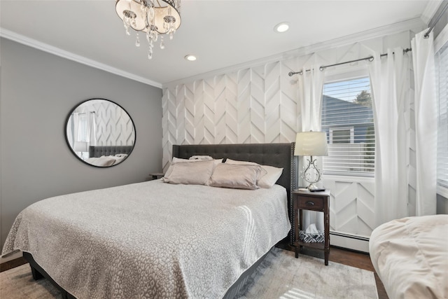 bedroom with recessed lighting, a notable chandelier, ornamental molding, wood finished floors, and a baseboard radiator