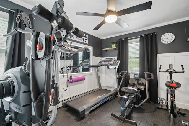 exercise room with a decorative wall, crown molding, a ceiling fan, and wainscoting