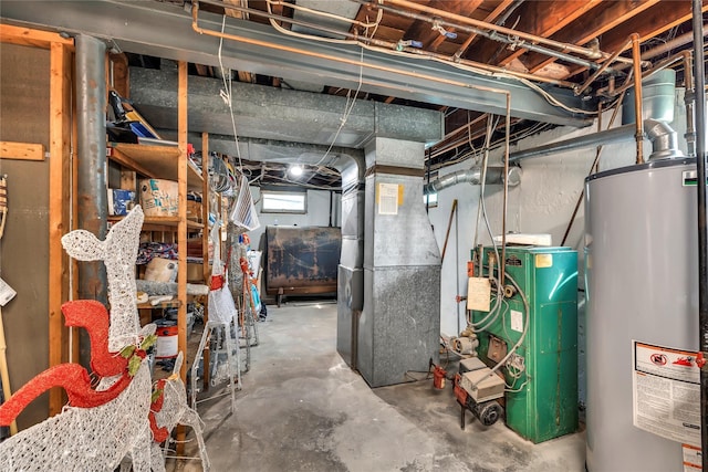 below grade area with a heating unit, heating unit, and gas water heater