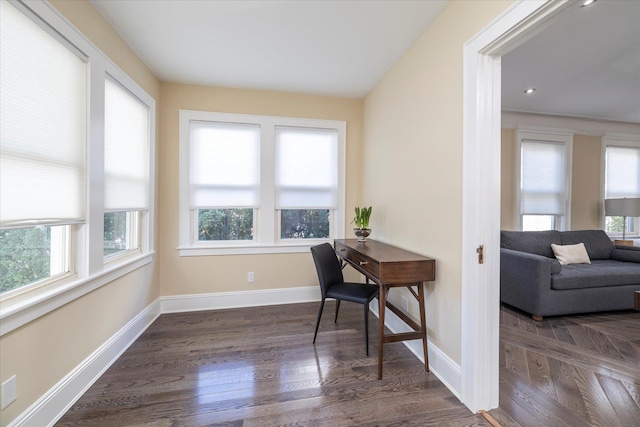 office space with baseboards and dark wood finished floors