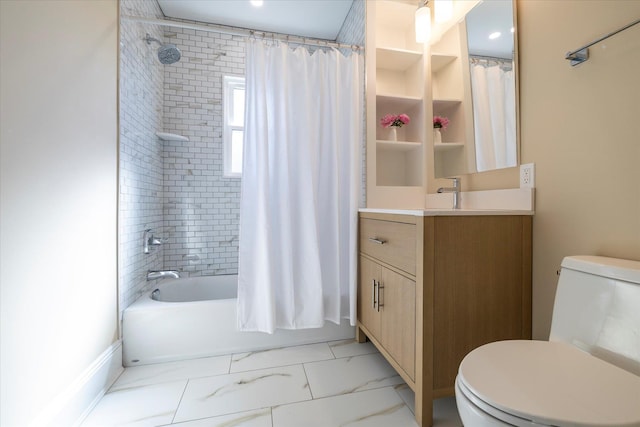 bathroom featuring vanity, marble finish floor, shower / bathtub combination with curtain, and toilet