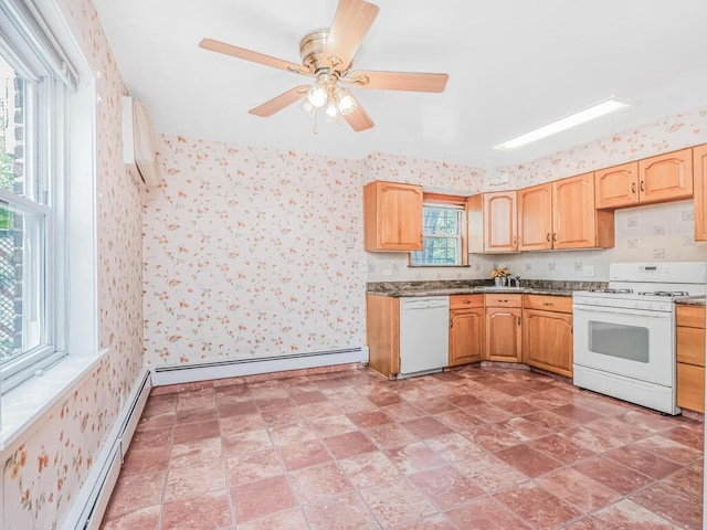 1313 Kearney Ave, Bronx, NY 10465 - kitchen with white appliances, wallpapered walls, a baseboard radiator, dark countertops, and baseboard heating