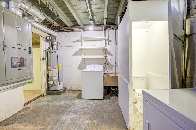 unfinished below grade area featuring water heater and heating unit