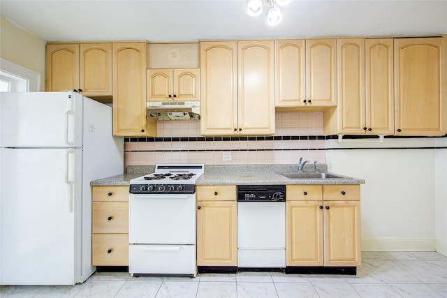 32-55 54th St, Woodside, NY 11377 - kitchen with white appliances, light brown cabinets, a sink, and under cabinet range hood