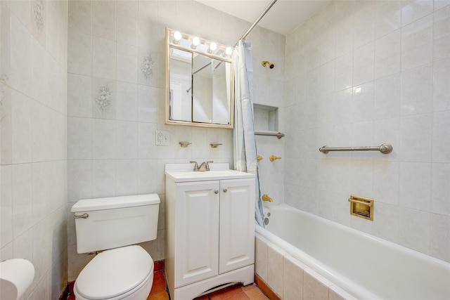 32-55 54th St, Woodside, NY 11377 - full bath with tile walls, tiled shower / bath, toilet, vanity, and tile patterned floors