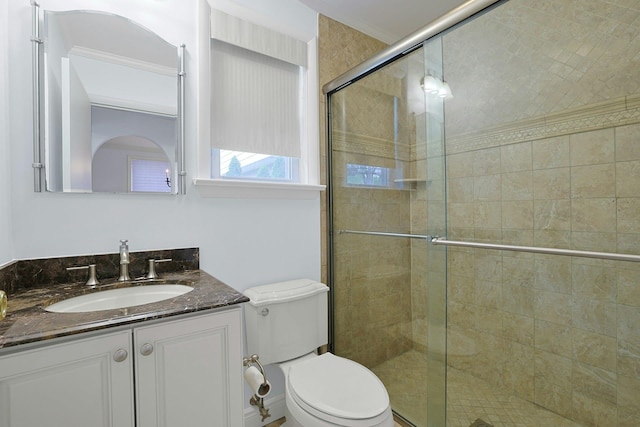 full bath featuring toilet, a shower stall, and vanity