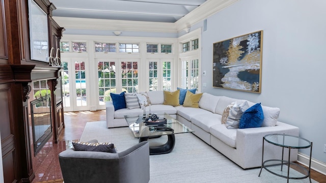 3 Pin Oak Ct, Old Brookville, NY 11545 - living room featuring wood finished floors, a towering ceiling, crown molding, and french doors