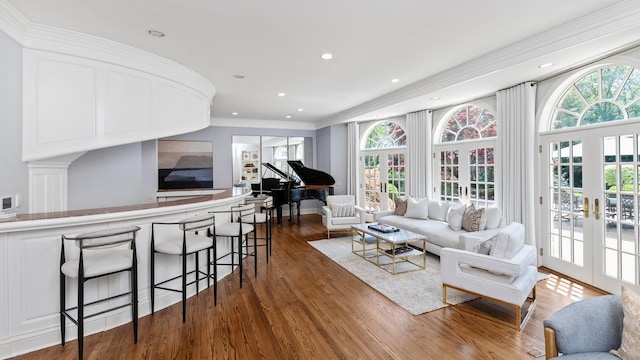 3 Pin Oak Ct, Old Brookville, NY 11545 - living area featuring crown molding, dark wood-style floors, french doors, and recessed lighting
