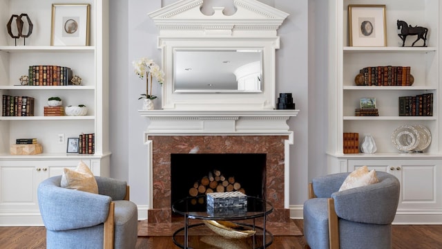 3 Pin Oak Ct, Old Brookville, NY 11545 - living area featuring a high end fireplace, dark wood-style flooring, and built in shelves